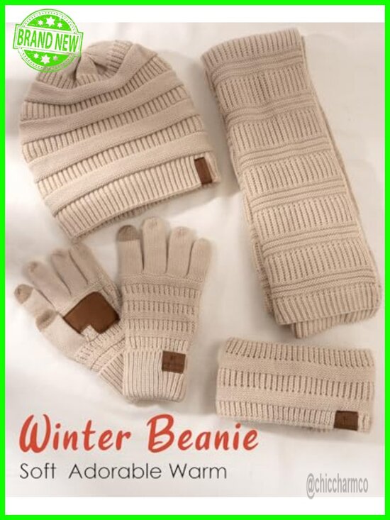 Fleece Lined Beanie Scarf Gloves Headband Set Touchscreen Knit Winter Hat